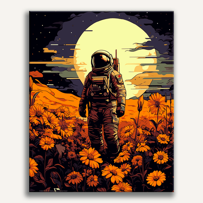 Peinture par numéro adulte Astronaute dans les Fleurs, visuel complet du design sur toile, Maison Artsen