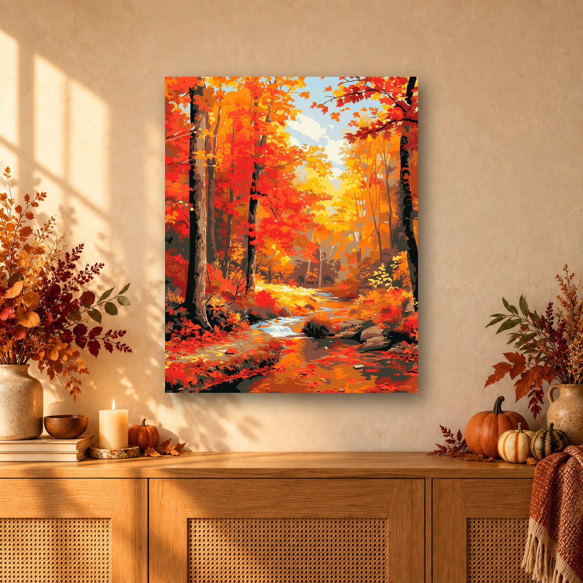 Tableau peinture par numéro Ruisseau sous les Érables accroché dans un intérieur décoré, Maison Artsen