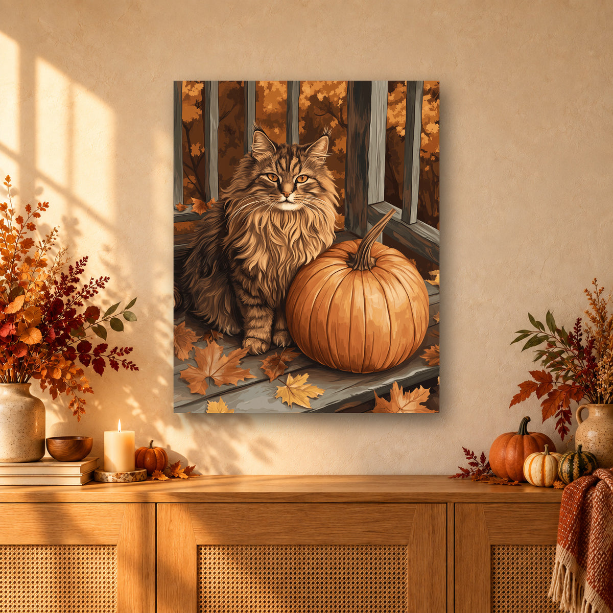 Tableau peinture par numéro Chat d'Automne accroché dans un intérieur décoré, Maison Artsen