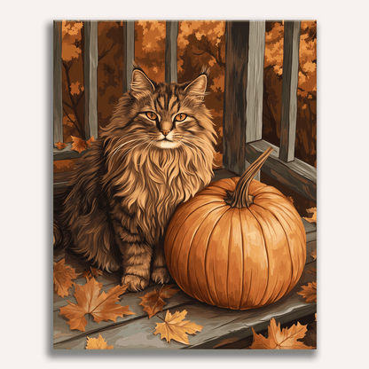 Peinture par numéro adulte Chat d'Automne, visuel complet du design sur toile, Maison Artsen