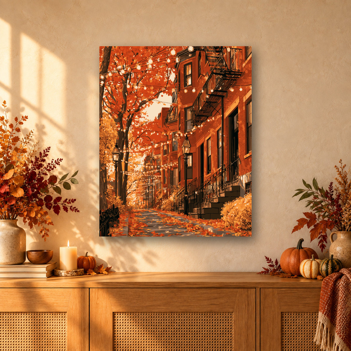 Tableau peinture par numéro Façades de Brooklyn en Automne accroché dans un intérieur décoré, Maison Artsen