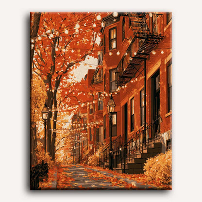 Peinture par numéro adulte Façades de Brooklyn en Automne, visuel complet du design sur toile, Maison Artsen