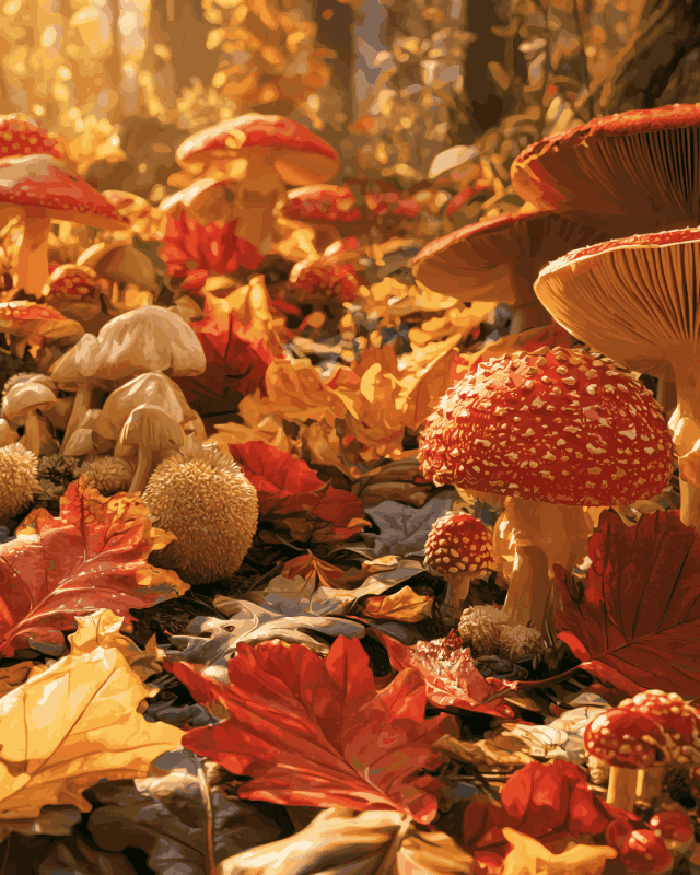Peinture par numéro adulte Sous-Bois d'Automne, visuel complet du design sur toile, Maison Artsen