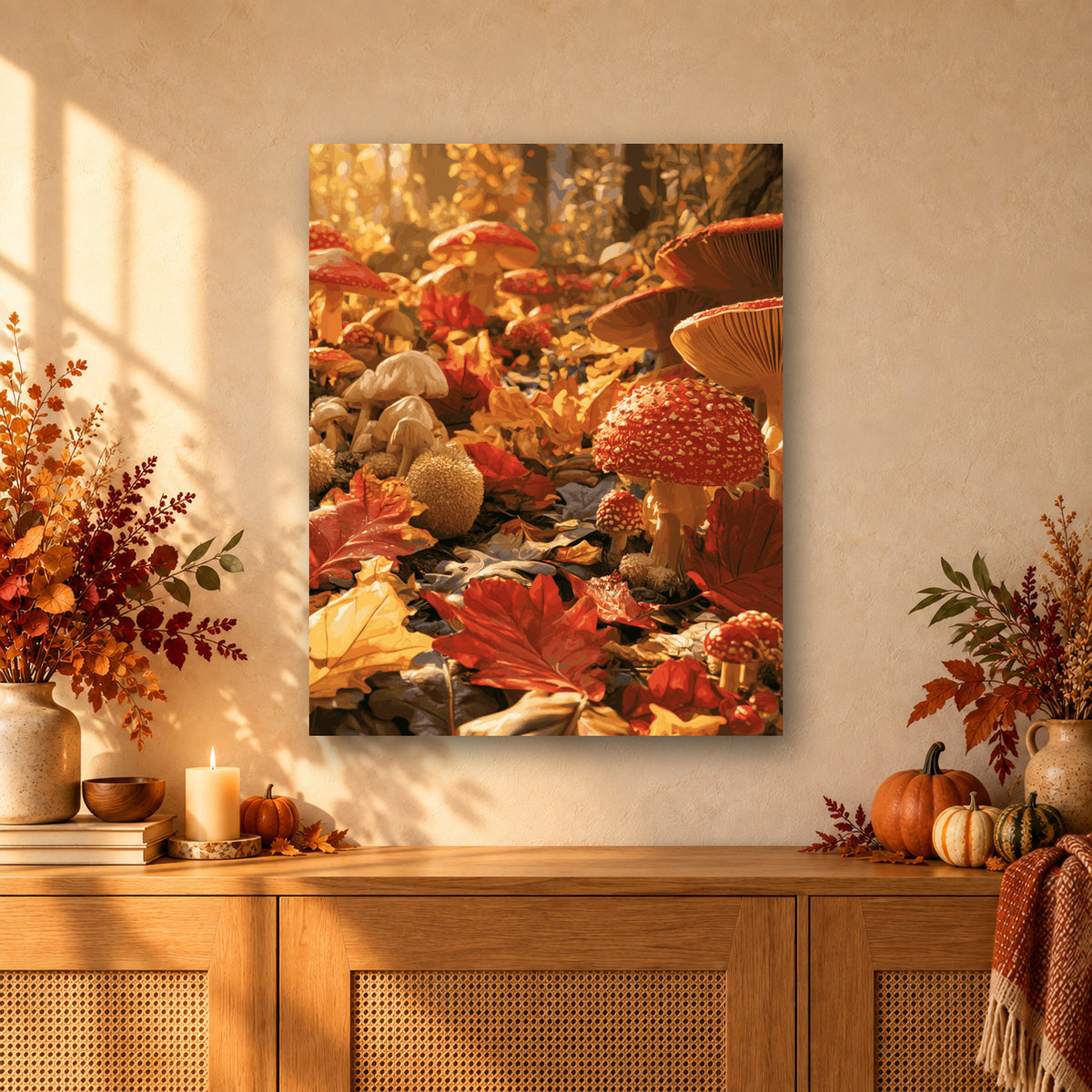 Tableau peinture par numéro Sous-Bois d'Automne accroché dans un intérieur décoré, Maison Artsen