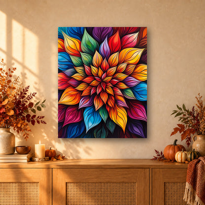 Tableau peinture par numéro Fleur Kaléidoscope accroché dans un intérieur décoré, Maison Artsen