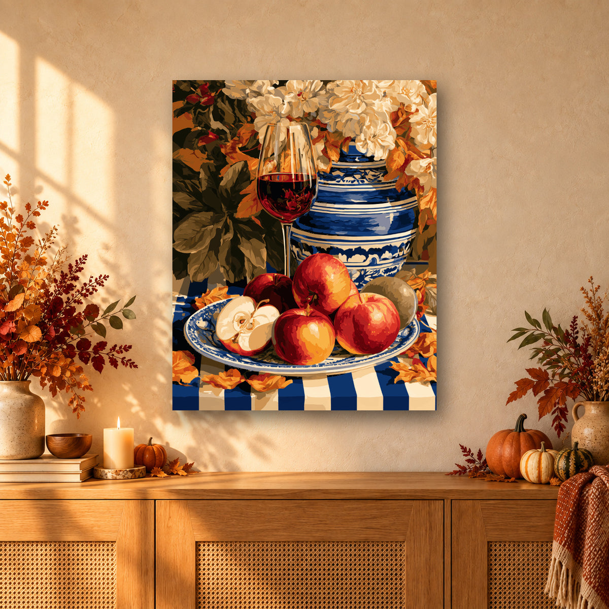 Tableau peinture par numéro Table aux Pommes d'Automne accroché dans un intérieur décoré, Maison Artsen