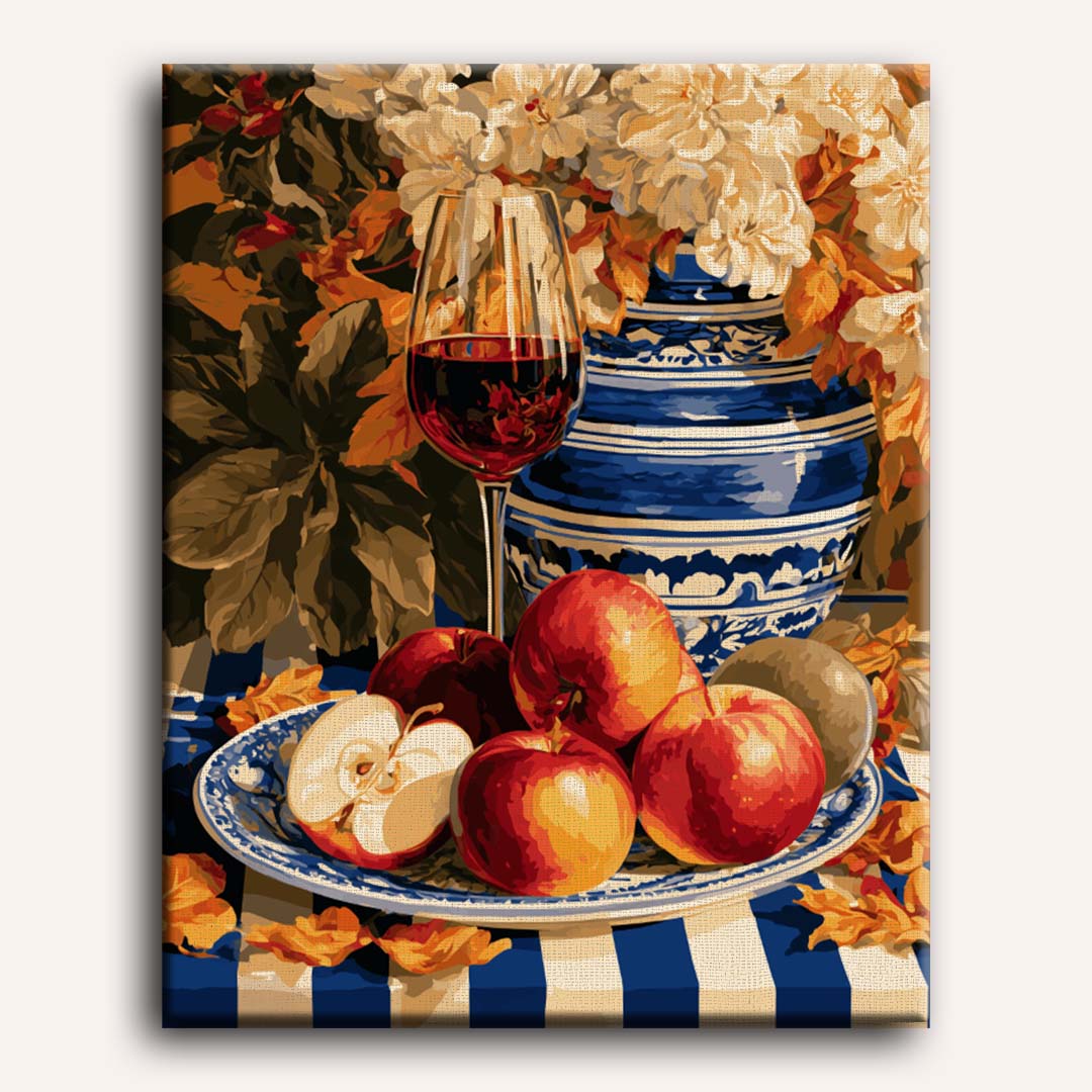 Peinture par numéro adulte Table aux Pommes d'Automne, visuel complet du design sur toile, Maison Artsen