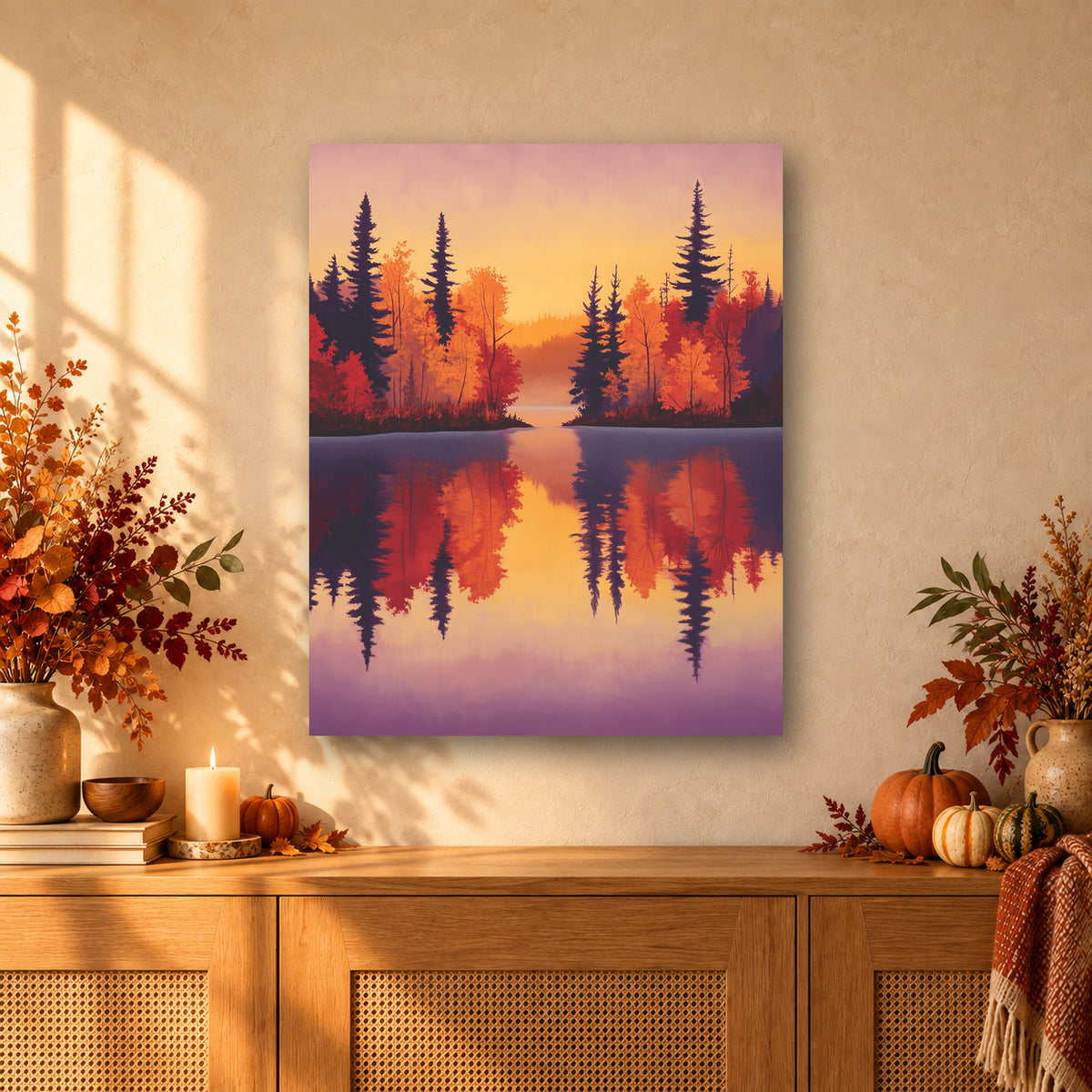 Tableau peinture par numéro Lac d'Automne accroché dans un intérieur décoré, Maison Artsen