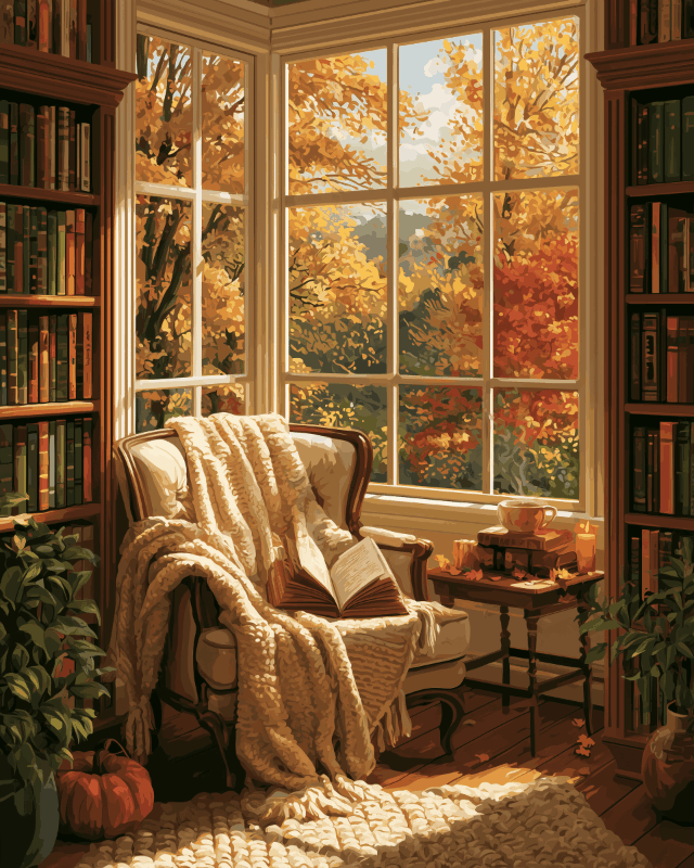 Peinture par numéro adulte Coin Lecture en Automne, visuel complet du design sur toile, Maison Artsen