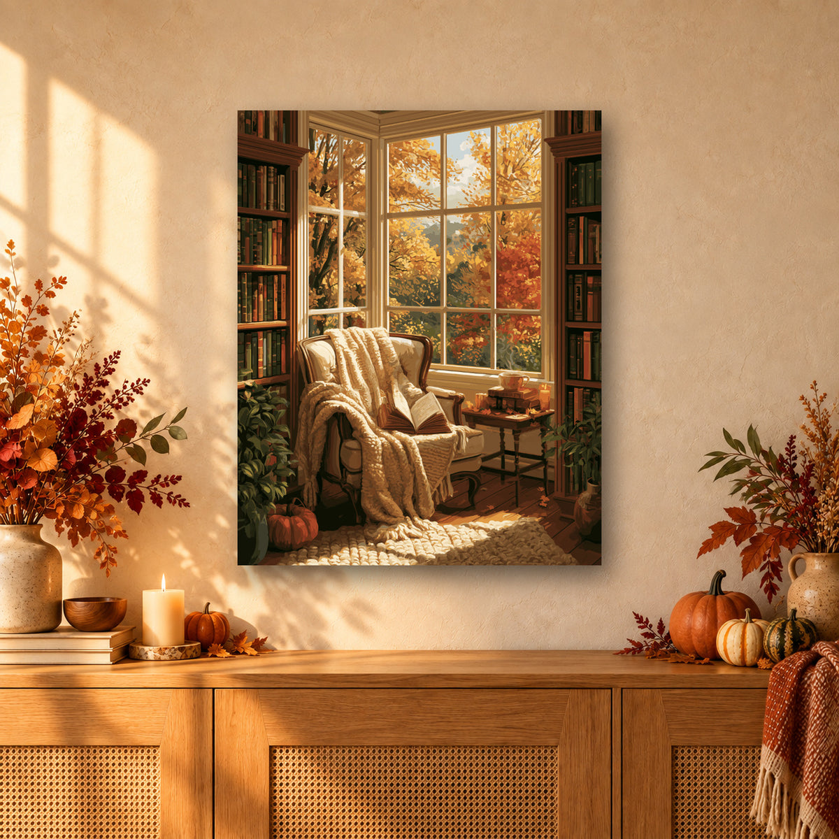 Tableau peinture par numéro Coin Lecture en Automne accroché dans un intérieur décoré, Maison Artsen