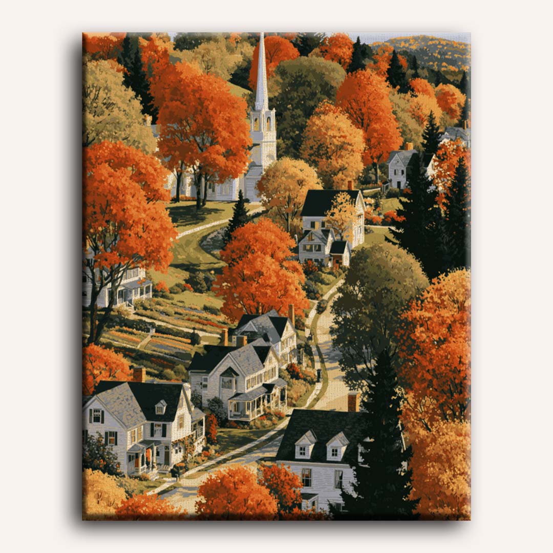 Peinture par numéro adulte Village de Nouvelle-Angleterre, visuel complet du design sur toile, Maison Artsen