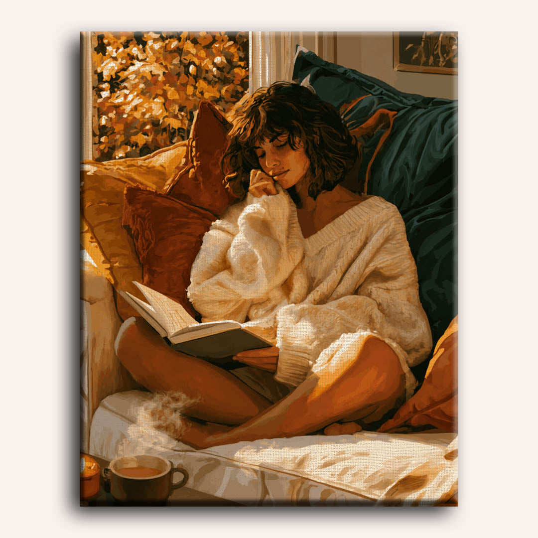 Peinture par numéro adulte Lecture en Gros Pull, visuel complet du design sur toile, Maison Artsen