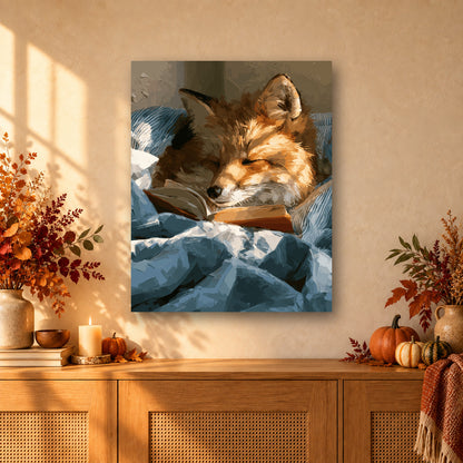 Tableau peinture par numéro Renard Endormi sur son Livre accroché dans un intérieur décoré, Maison Artsen