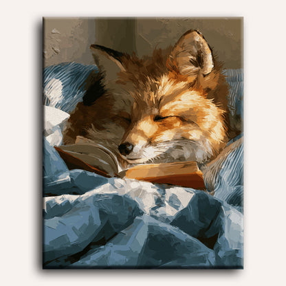 Peinture par numéro adulte Renard Endormi sur son Livre, visuel complet du design sur toile, Maison Artsen