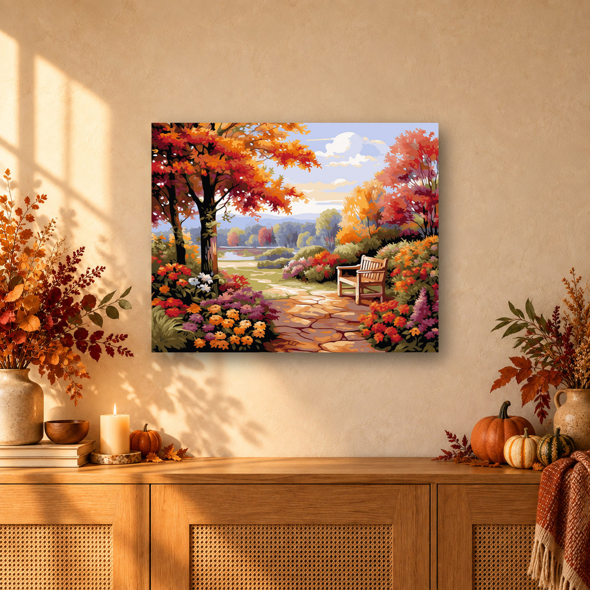 Tableau peinture par numéro Jardin des Souvenirs accroché dans un intérieur décoré, Maison Artsen