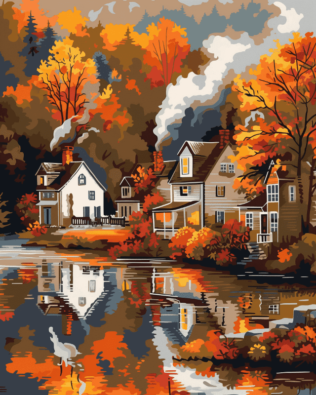 Peinture par numéro Village au Bord de l'Eau, a plat — Maison Artsen