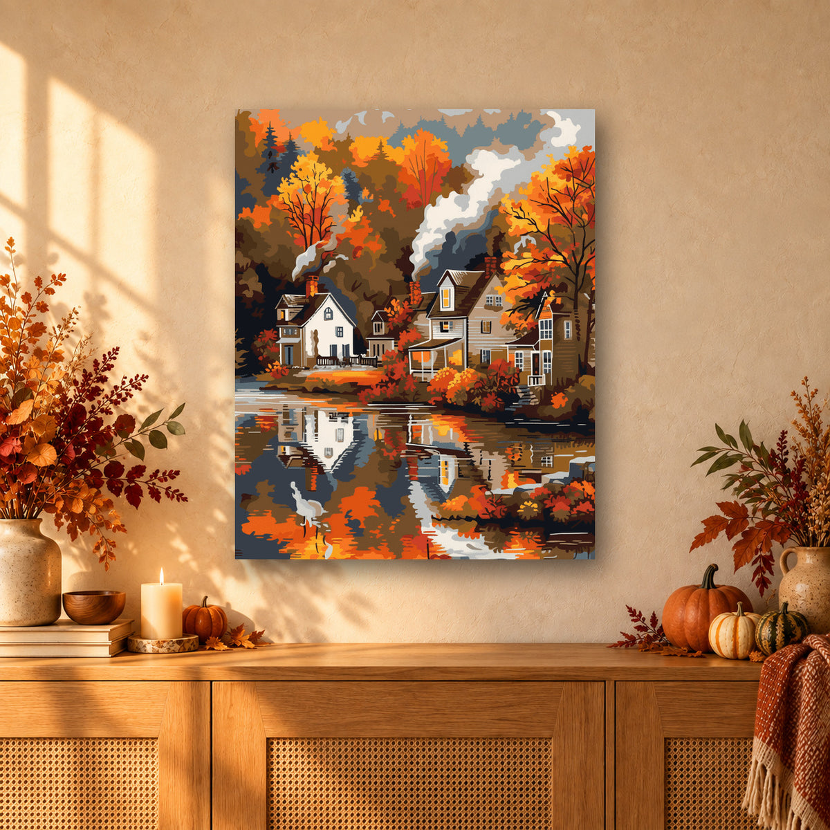 Tableau peinture par numéro Village au Bord de l'Eau accroché dans un intérieur décoré, Maison Artsen