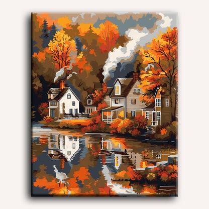 Peinture par numéro adulte Village au Bord de l'Eau, visuel complet du design sur toile, Maison Artsen
