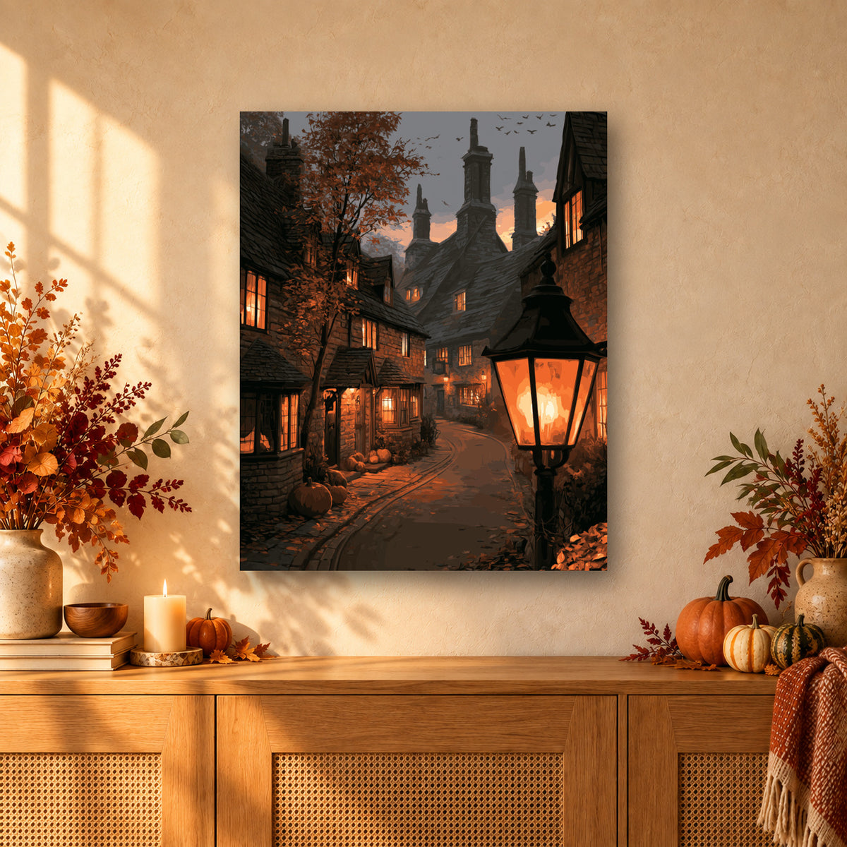 Tableau peinture par numéro Village aux Lanternes accroché dans un intérieur décoré, Maison Artsen
