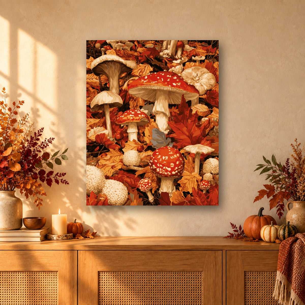 Tableau peinture par numéro Trésors de la Forêt accroché dans un intérieur décoré, Maison Artsen