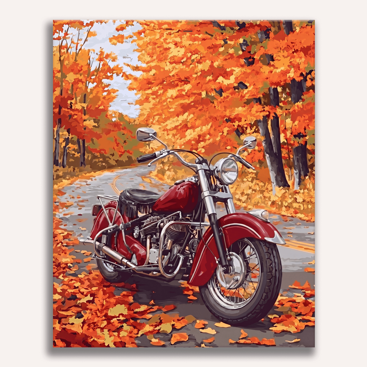 Peinture par numéro adulte Moto sur la Route d'Automne, visuel complet du design sur toile, Maison Artsen