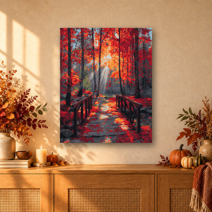 Tableau peinture par numéro Pont dans la Forêt Rouge accroché dans un intérieur décoré, Maison Artsen