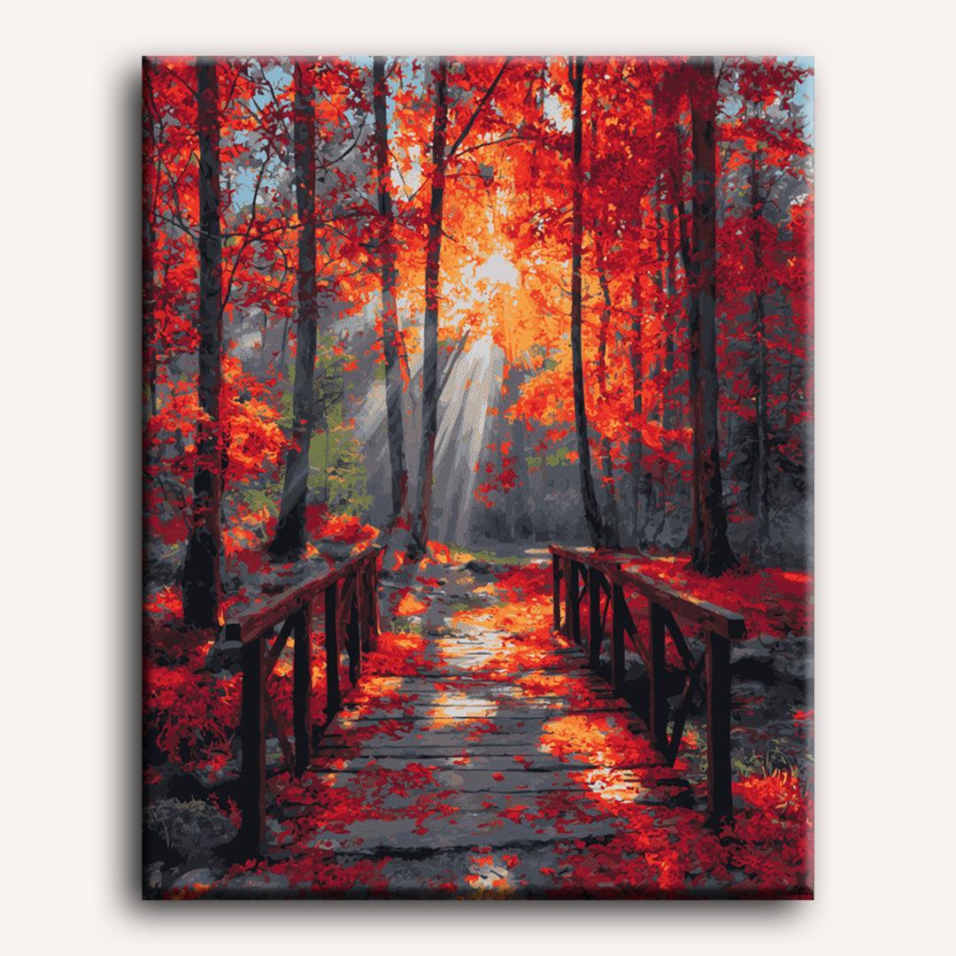 Peinture par numéro adulte Pont dans la Forêt Rouge, visuel complet du design sur toile, Maison Artsen