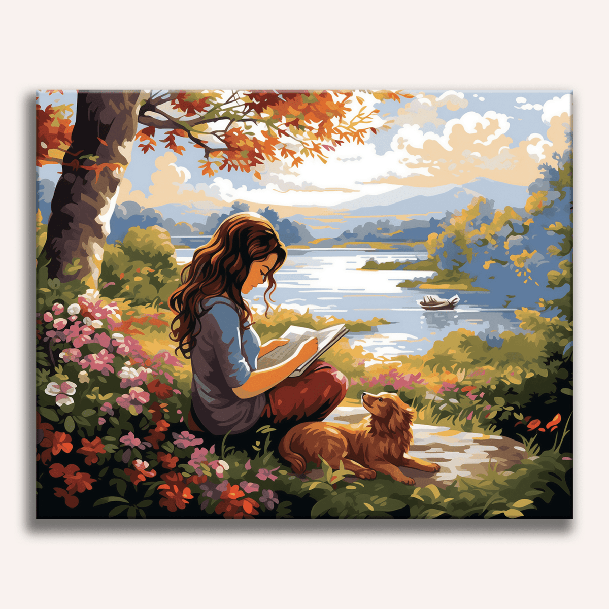 Peinture par numéro adulte Lecture au Bord du Lac, visuel complet du design sur toile, Maison Artsen