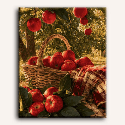 Peinture par numéro adulte Panier de Pommes du Verger, visuel complet du design sur toile, Maison Artsen