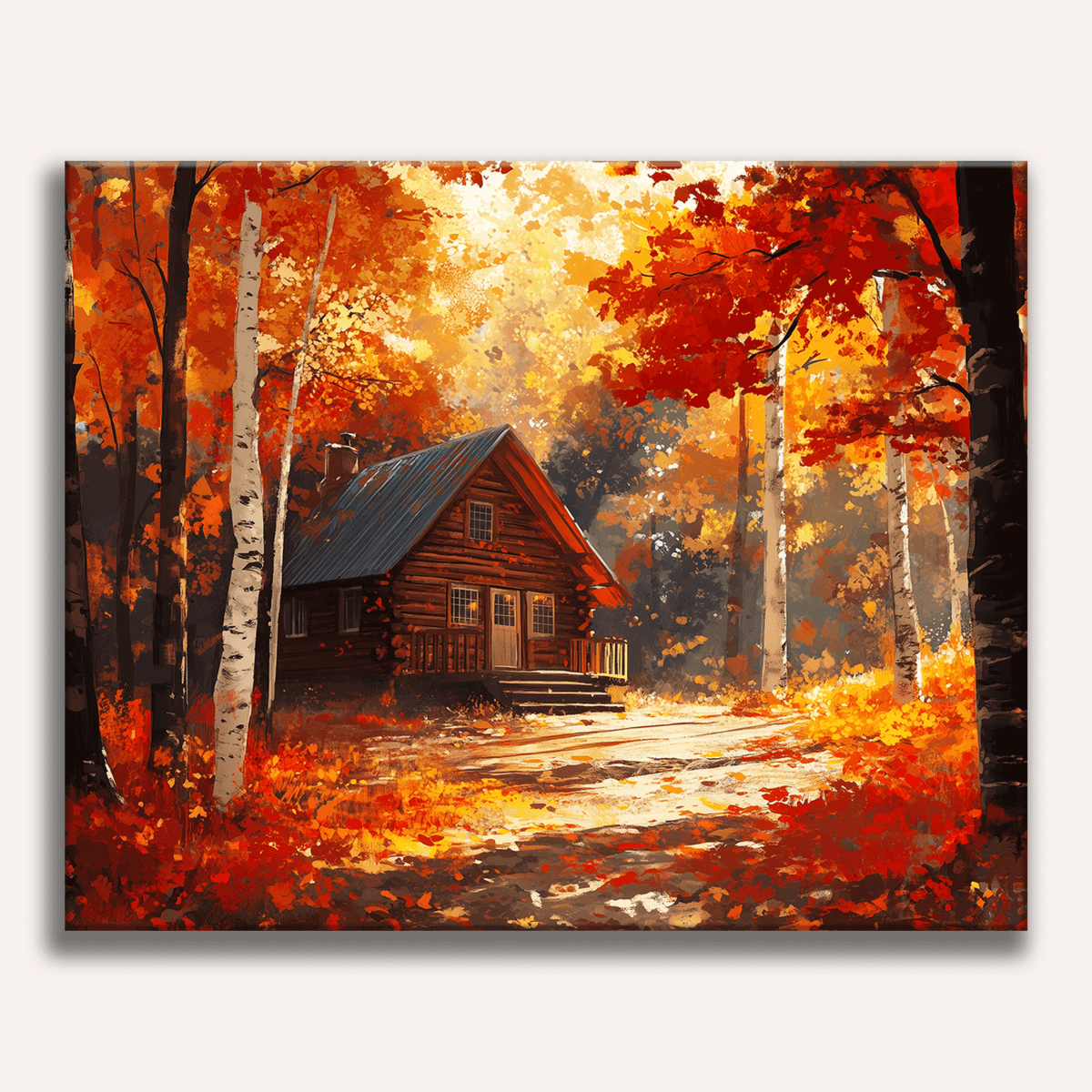 Peinture par numéro adulte Chalet au Cœur de l'Automne, visuel complet du design sur toile, Maison Artsen