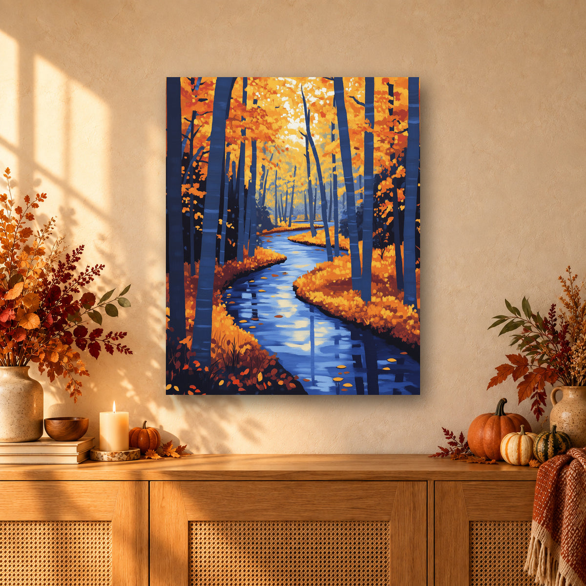 Tableau peinture par numéro Rivière d'Automne accroché dans un intérieur décoré, Maison Artsen
