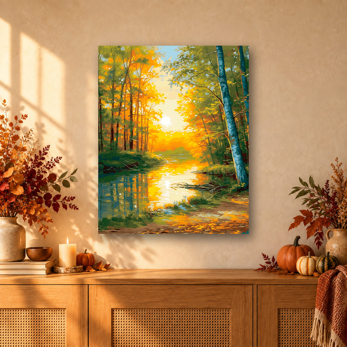 Tableau peinture par numéro Reflets d'Automne accroché dans un intérieur décoré, Maison Artsen