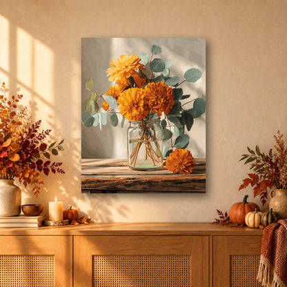Tableau peinture par numéro Bouquet de Soucis accroché dans un intérieur décoré, Maison Artsen