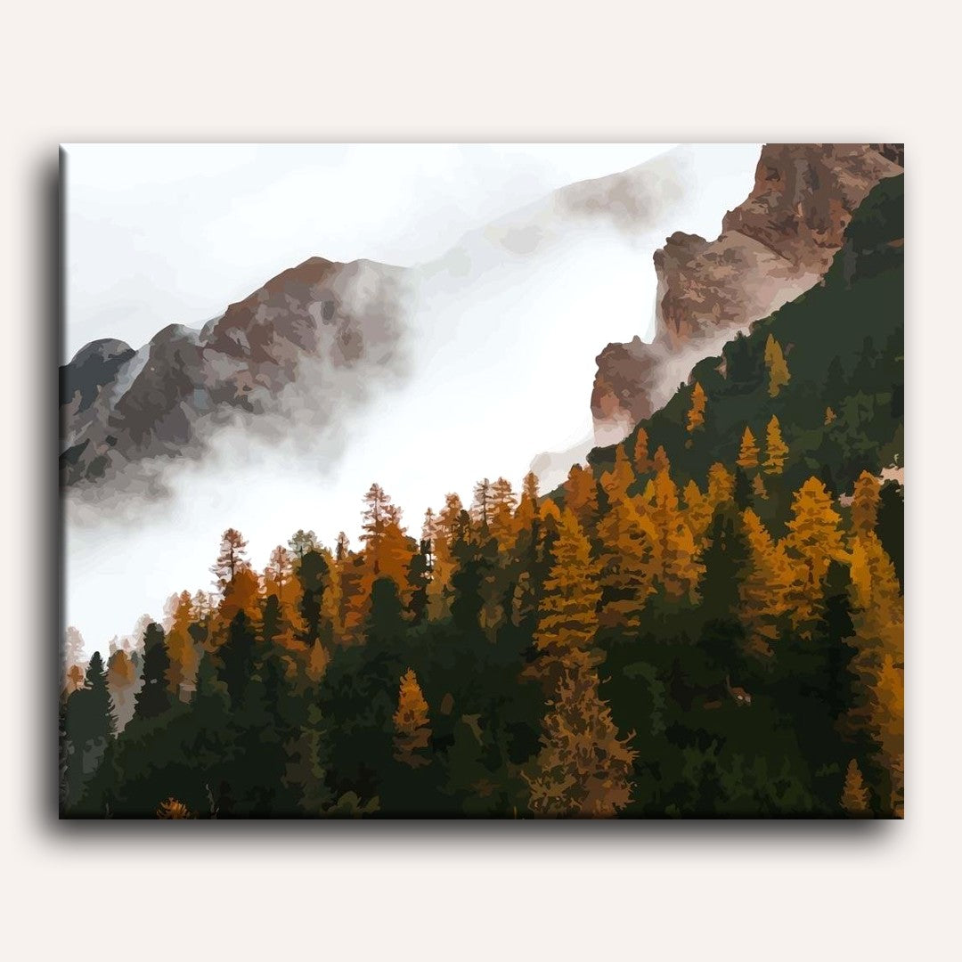 Peinture par numéro adulte Forêt Alpine en Automne, visuel complet du design sur toile, Maison Artsen