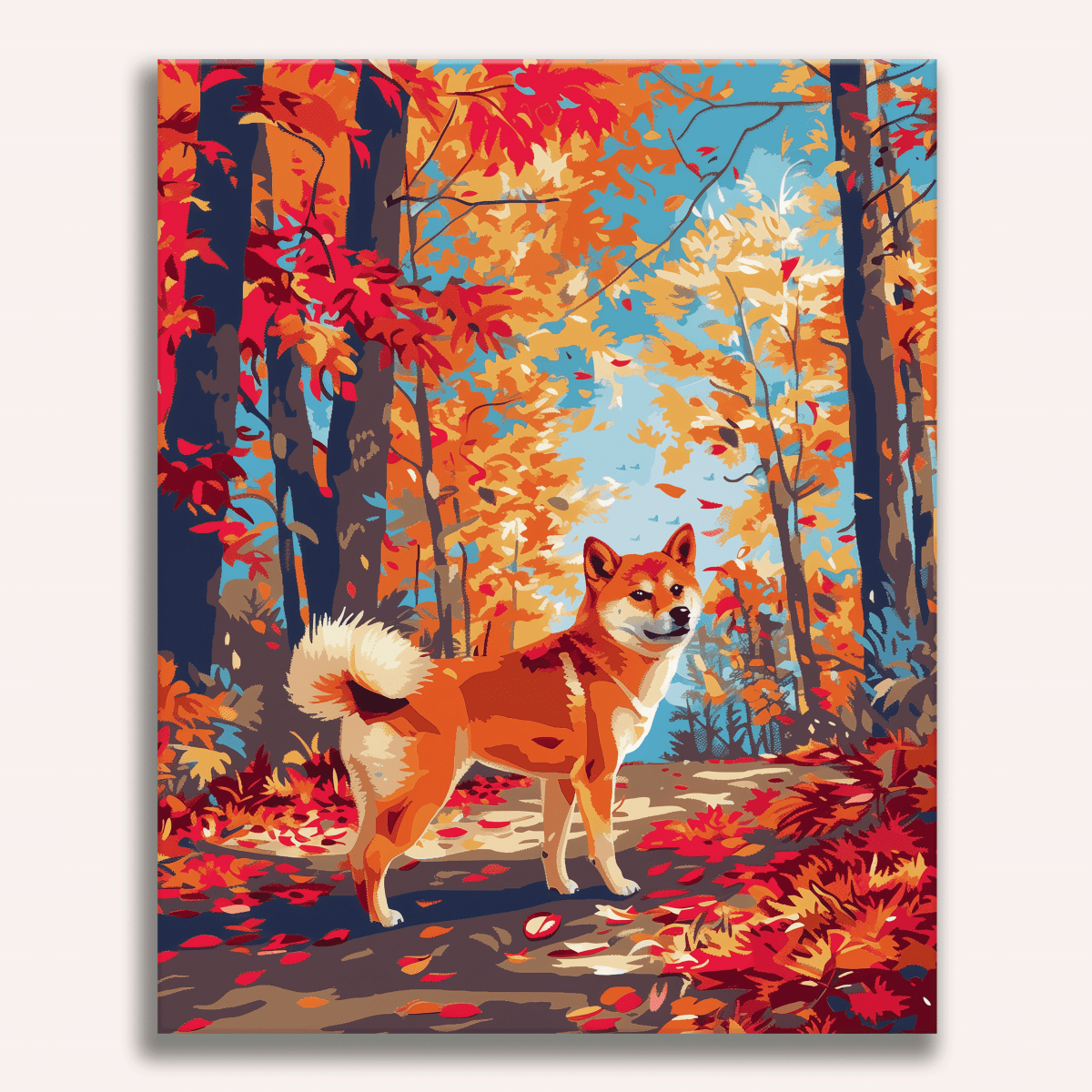 Peinture par numéro adulte Shiba en Automne, visuel complet du design sur toile, Maison Artsen