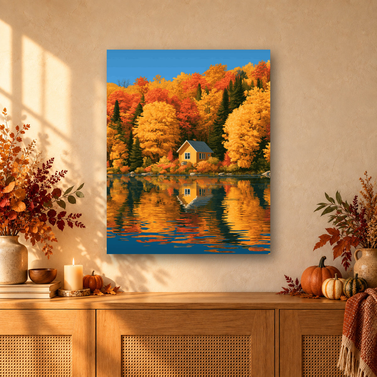 Tableau peinture par numéro Reflet du Chalet d'Automne accroché dans un intérieur décoré, Maison Artsen