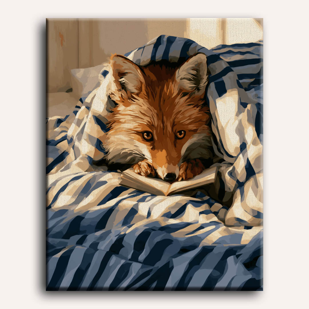 Peinture par numéro adulte Le Renard Lecteur, visuel complet du design sur toile, Maison Artsen
