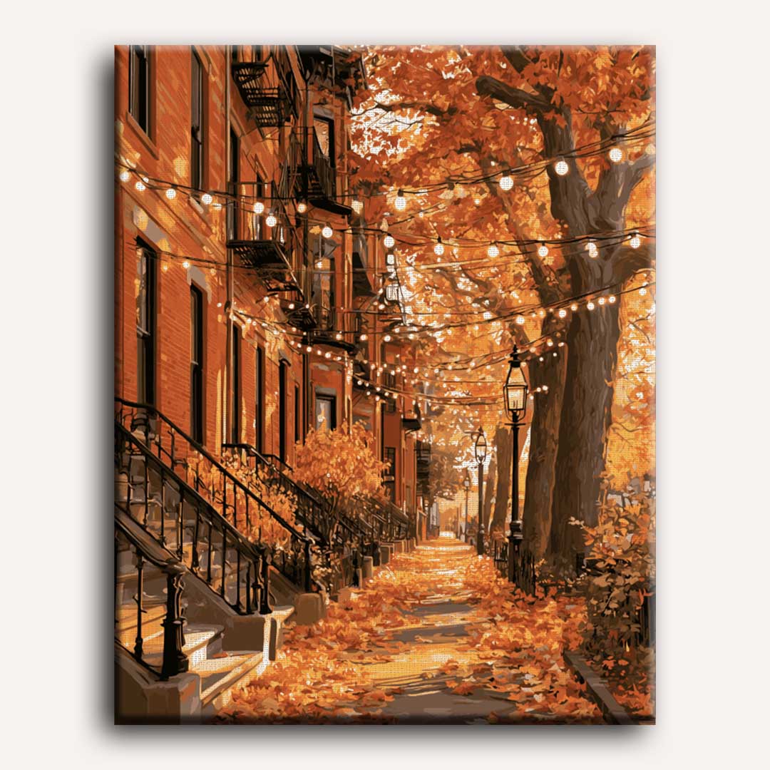Peinture par numéro adulte Lumières d'Automne à Brooklyn, visuel complet du design sur toile, Maison Artsen