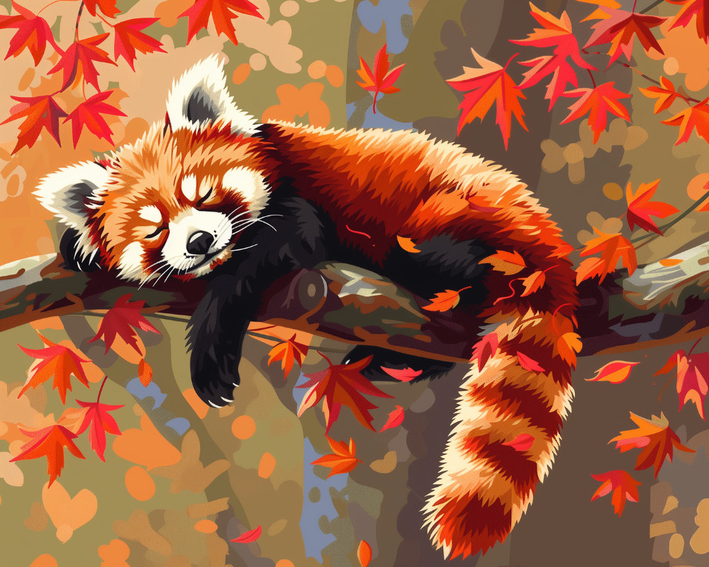 Peinture par numéro Panda Roux dans les Feuilles, a plat — Maison Artsen
