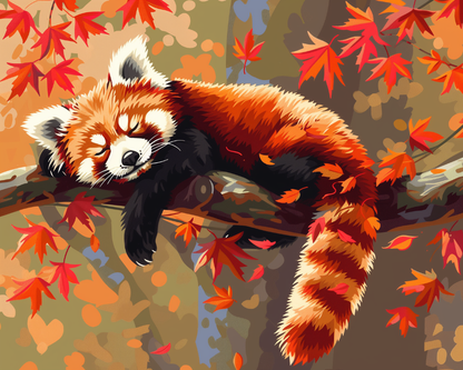 Peinture par numéro Panda Roux dans les Feuilles, a plat — Maison Artsen