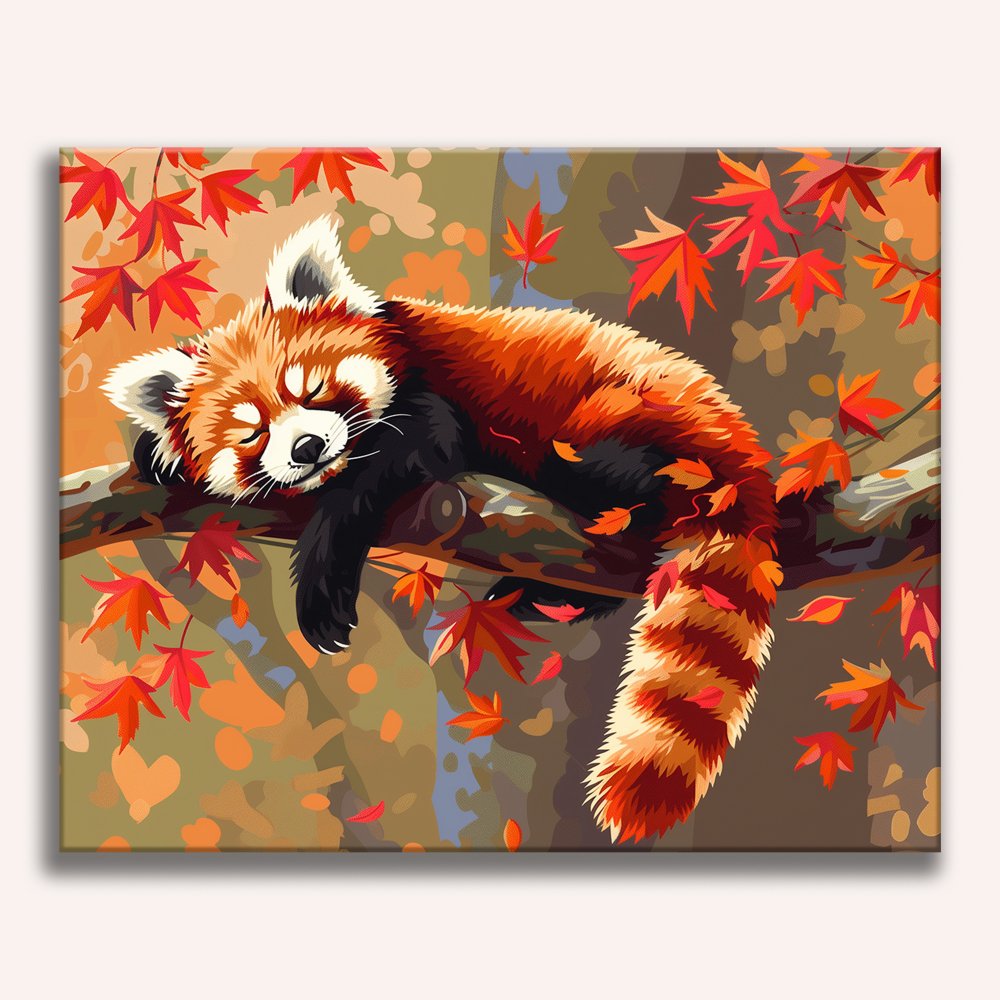 Peinture par numéro adulte Panda Roux dans les Feuilles, visuel complet du design sur toile, Maison Artsen