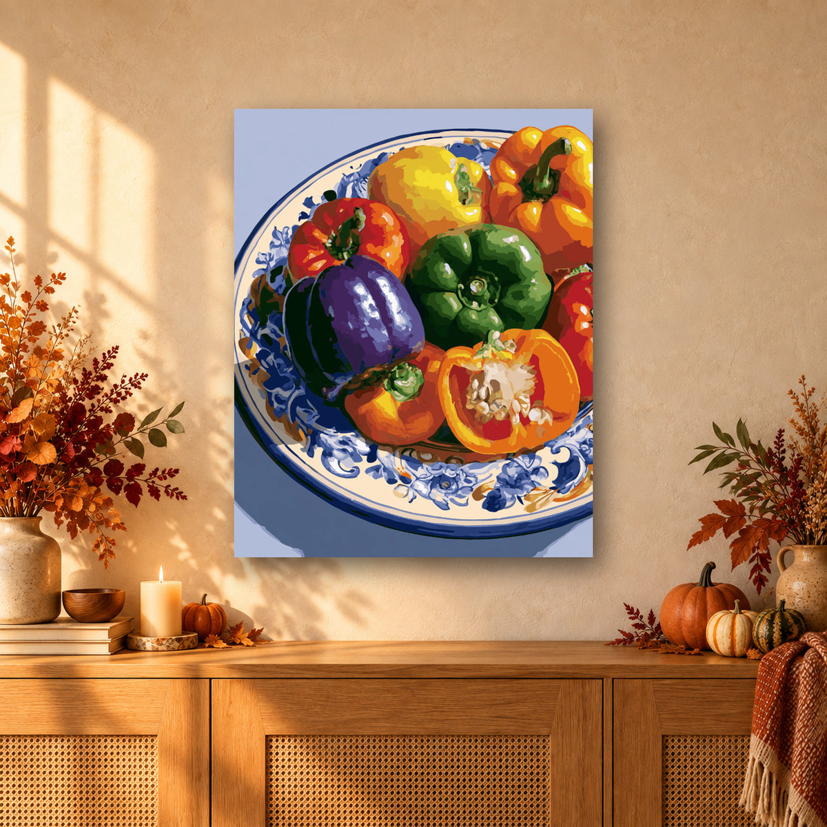 Tableau peinture par numéro Poivrons sur Faïence Bleue accroché dans un intérieur décoré, Maison Artsen