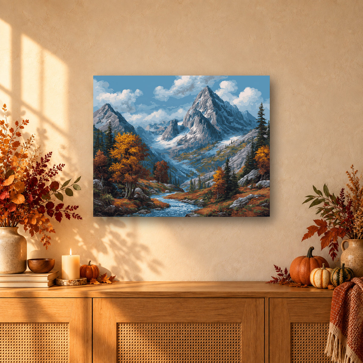 Tableau peinture par numéro Sommets d'Automne accroché dans un intérieur décoré, Maison Artsen