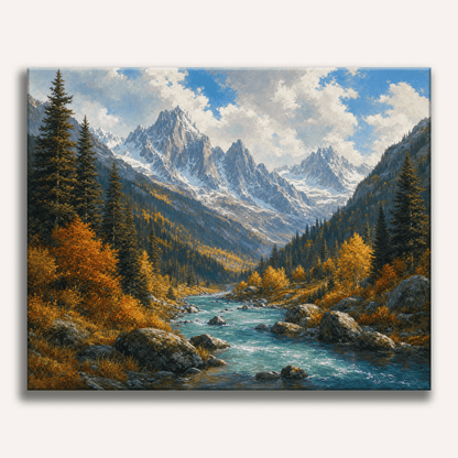 Peinture par numéro adulte Majesté des Montagnes, visuel complet du design sur toile, Maison Artsen