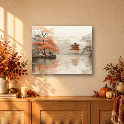 Tableau peinture par numéro Pagode sur le Lac Brumeux accroché dans un intérieur décoré, Maison Artsen