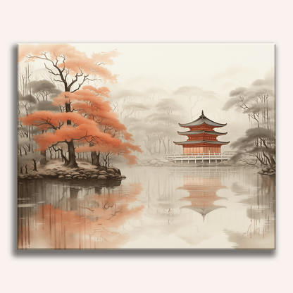 Peinture par numéro adulte Pagode sur le Lac Brumeux, visuel complet du design sur toile, Maison Artsen