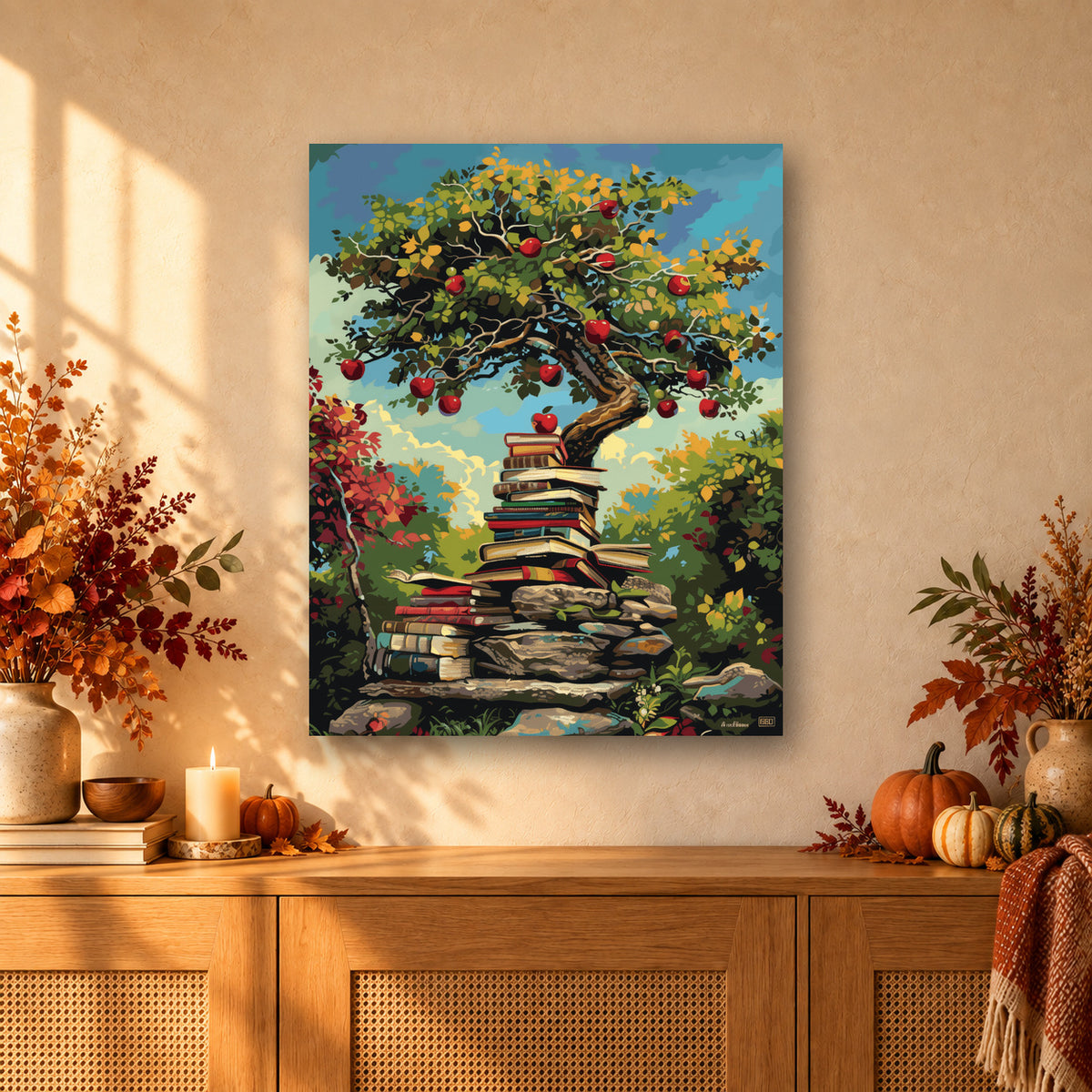 Tableau peinture par numéro Arbre des Histoires accroché dans un intérieur décoré, Maison Artsen