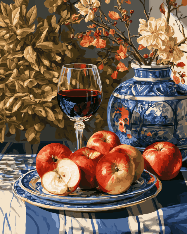 Peinture par numéro Pommes et Porcelaine Bleue, a plat — Maison Artsen