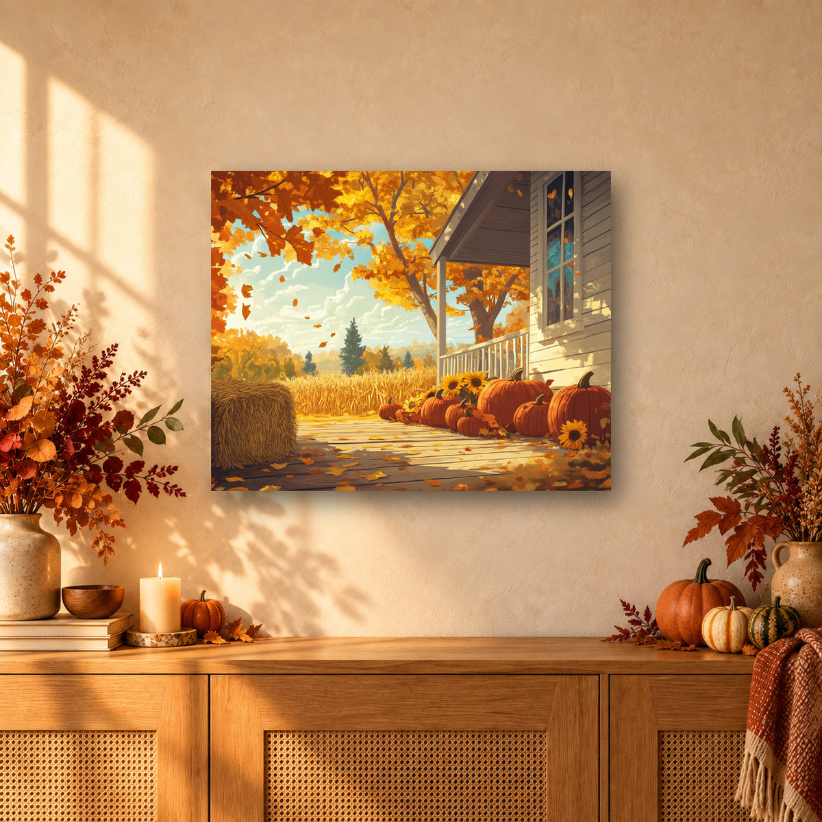 Tableau peinture par numéro Maison aux Couleurs d'Automne accroché dans un intérieur décoré, Maison Artsen