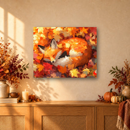 Tableau peinture par numéro Renard sous les Feuilles accroché dans un intérieur décoré, Maison Artsen